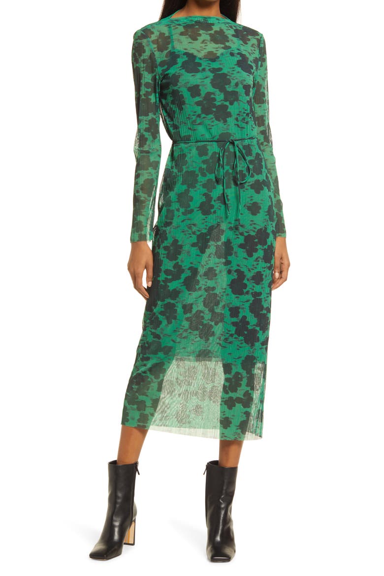 Abstract Floral Long Sleeve Mesh Midi Dress, Main, color, GREEN AOP