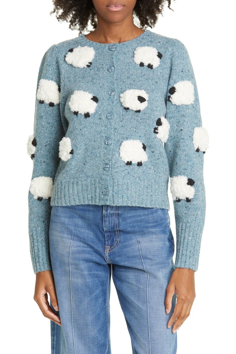 Samira Sheep Appliqué Merino Wool Blend Cardigan, Main, color, STONE