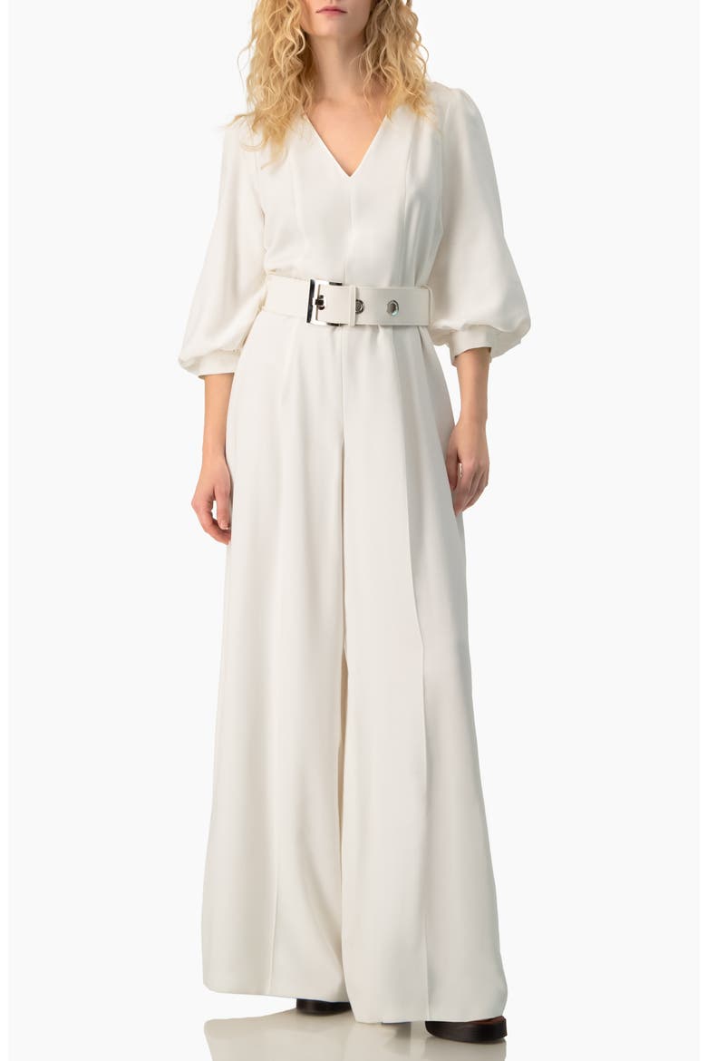 Belted V-Neck Balloon-Sleeve Wide-Leg Jumpsuit, Main, color, White