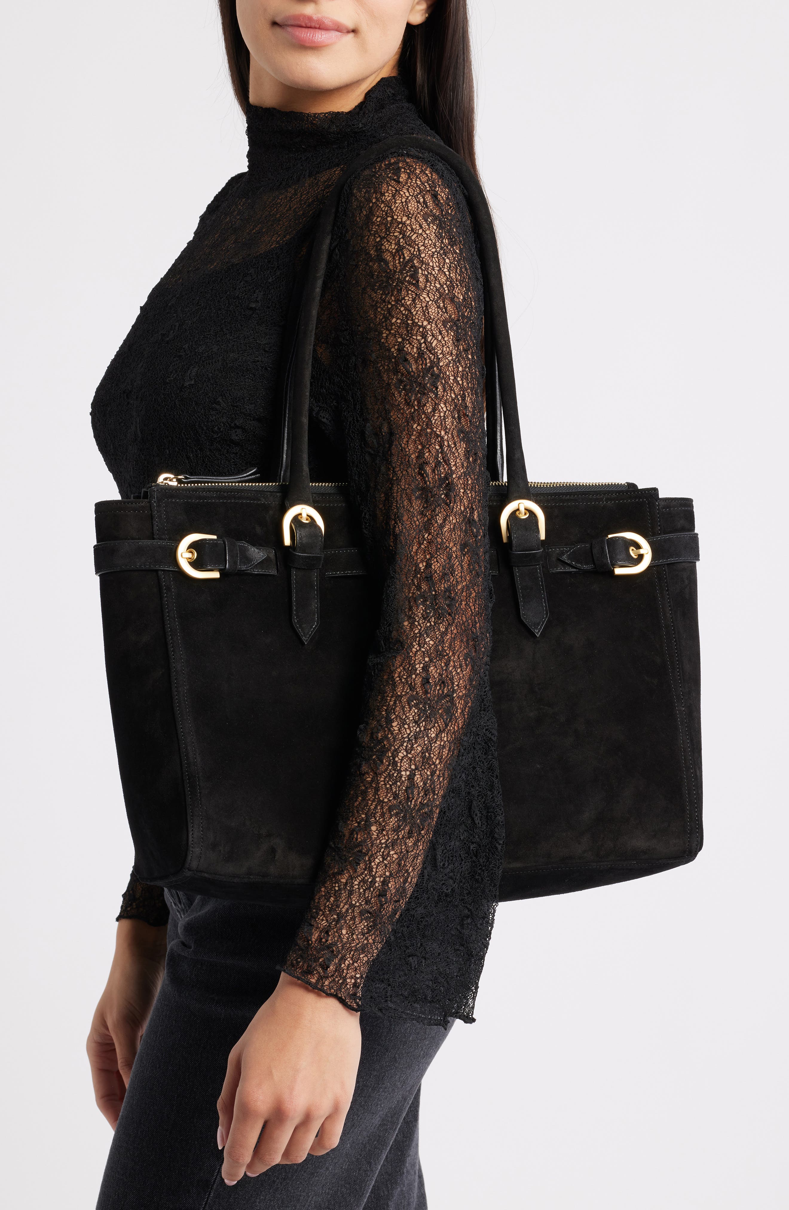 Reformation Dominique Tote, Alternate, color, Black Suede
