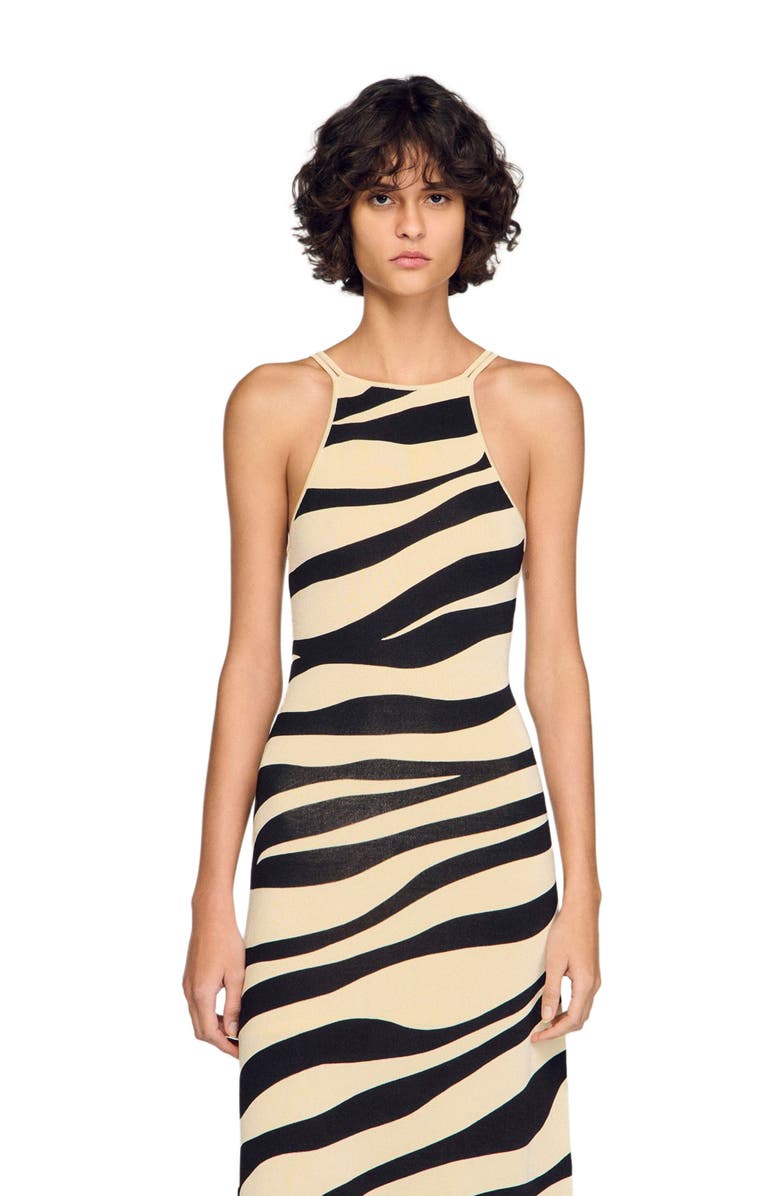 SANDRO Zebra print knit maxi dress, Alternate, color, Ecru / Black