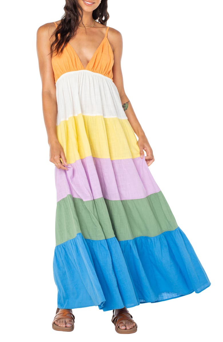 Roxy Honolulu Glow Colorblock Tiered Maxi Dress, Main, color, Multi Color Solid