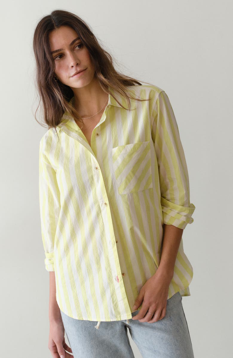 Marine Layer Jane California Relaxed Stripe Cotton Poplin Button-Up Shirt, Alternate, color, Lime Stripe