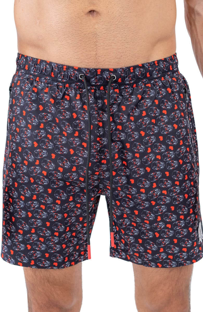 Maceoo Swim Lion Skull Heart Swim Trunks, Main, color, 