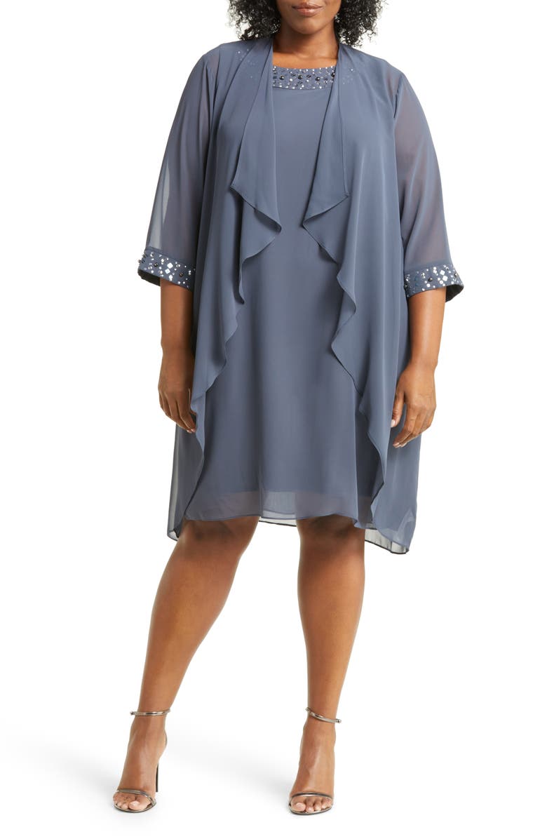 SLNY Embellished Cascade Overlay Dress, Main, color,