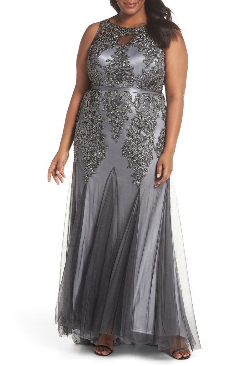 Beaded Godet Mesh Trumpet Gown, Main, color, CHARCOAL