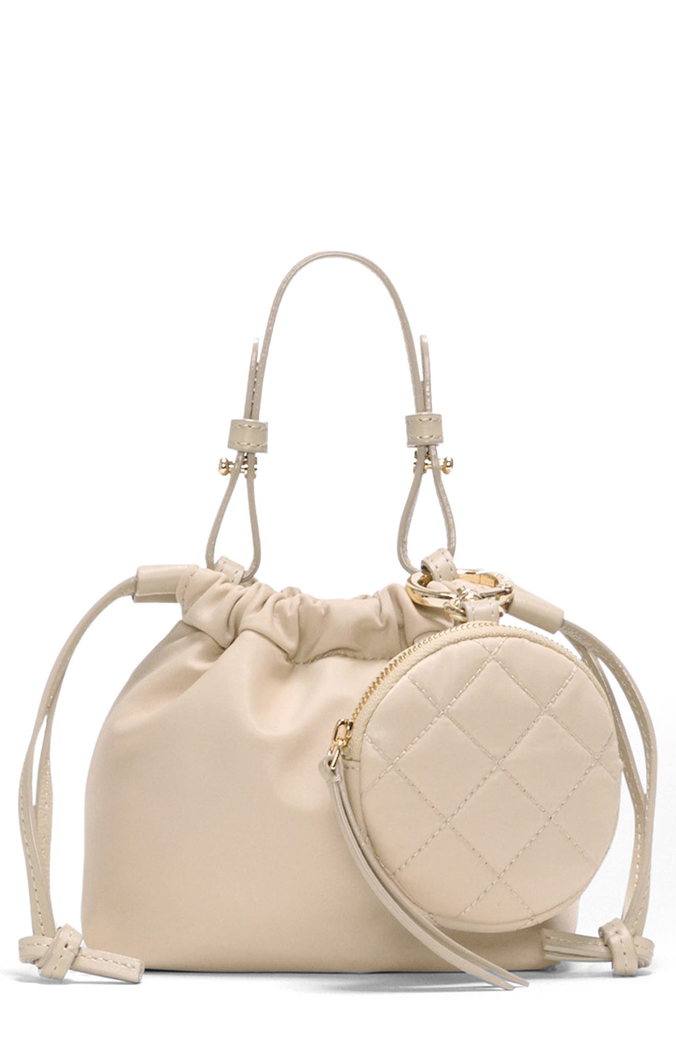 Waverly Bebe Leather Trim Drawstring Bag, Main, color, SAND