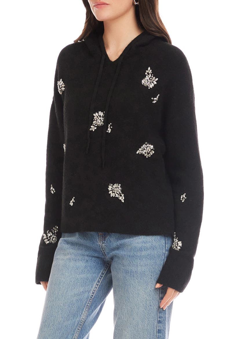 Crystal Embellished Knit Hoodie, Alternate, color, BLACK