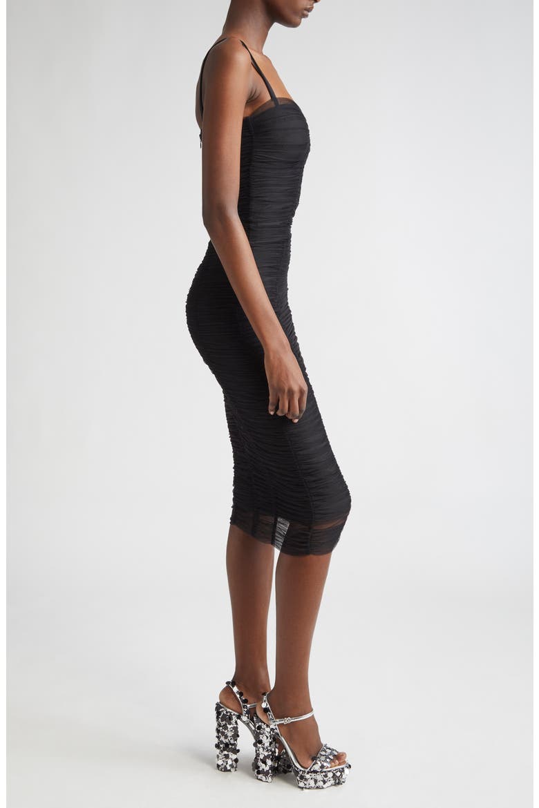 Sheer Ruched Mesh Midi Dress, Alternate, color, N0000 NERO