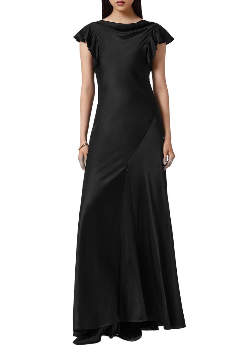 Floral Ruffle Maxi Dress, Main, color, BLACK