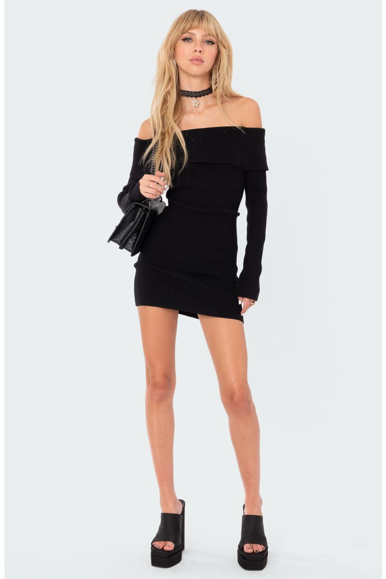 Emma Long Sleeve Off the Shoulder Minidress, Alternate, color, BLACK