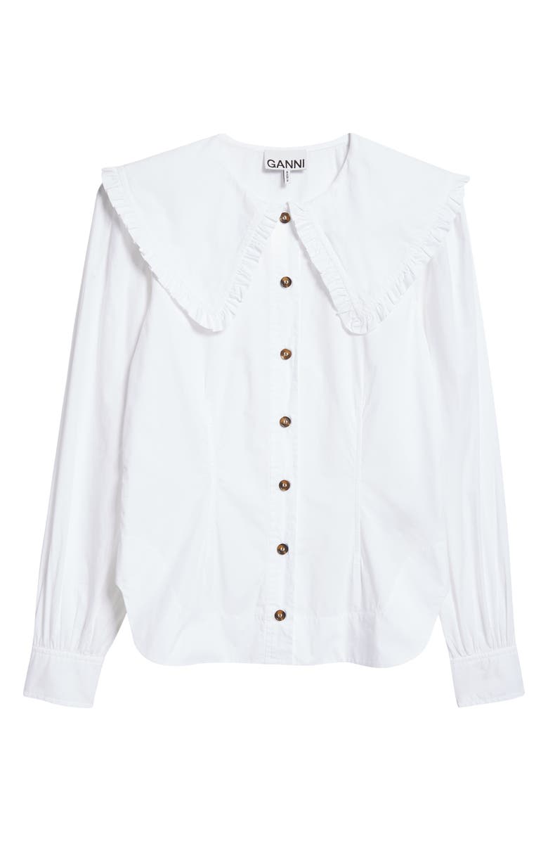 Ganni Ruffle Collar Button-Up Shirt, Alternate, color, Bright White