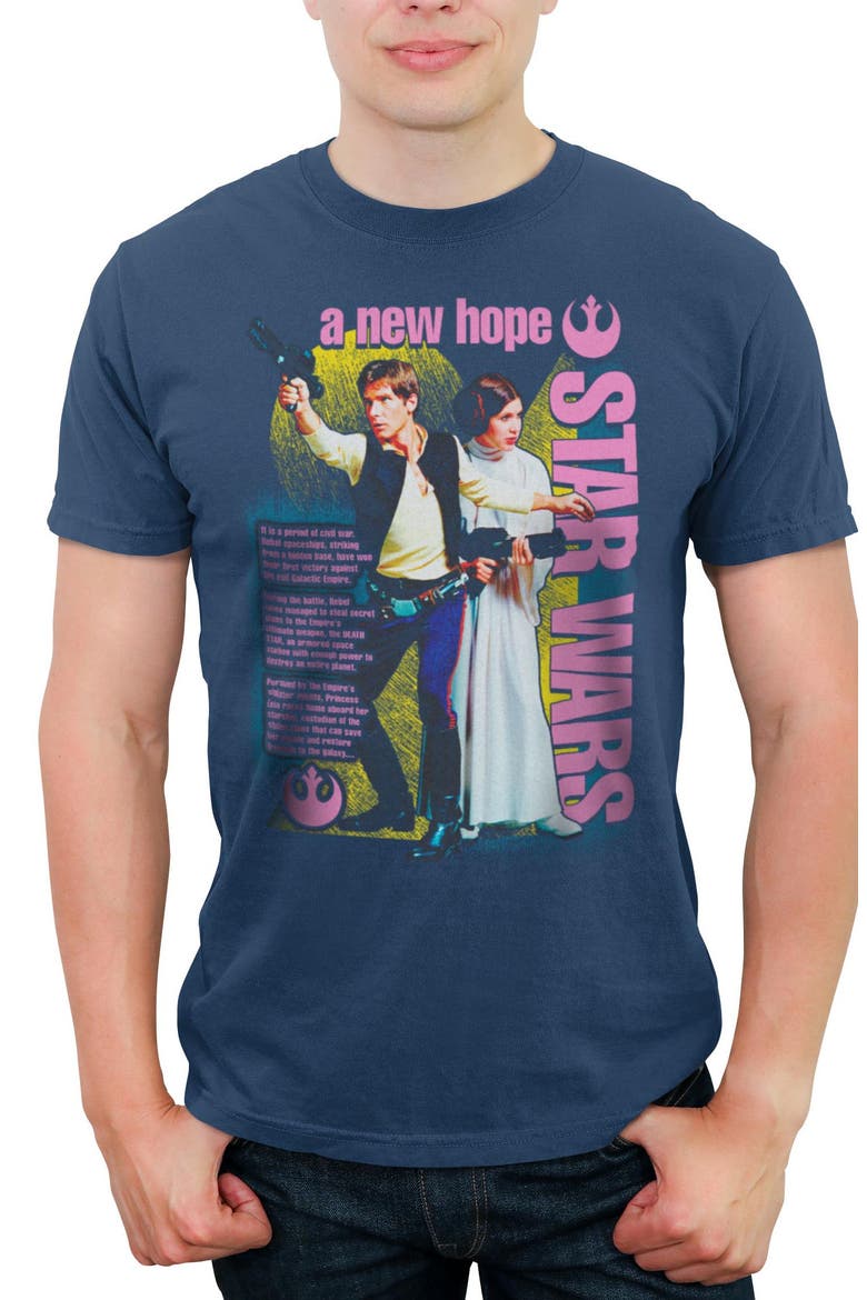 Men's Star Wars A New Hope Pink Han and Leia Poster Graphic T-Shirt, Main, color, Midnight