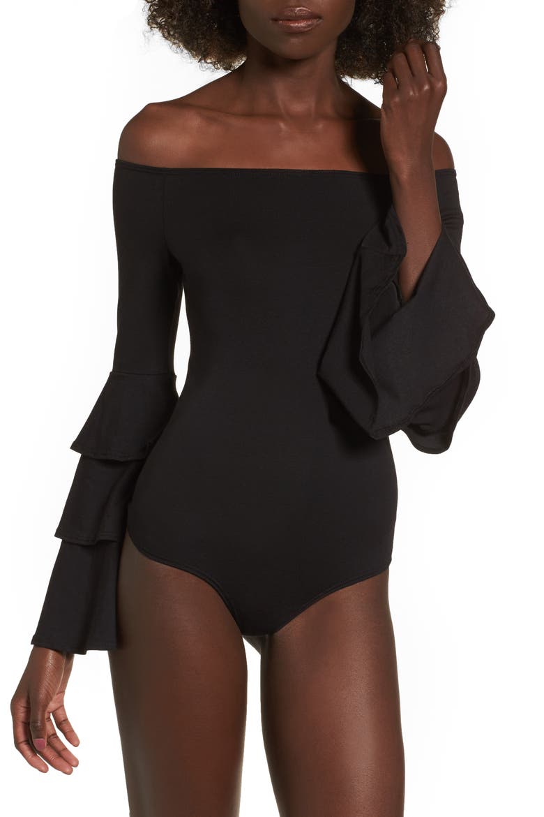 Ruffle Sleeve Off the Shoulder Bodysuit, Alternate, color, BLACK