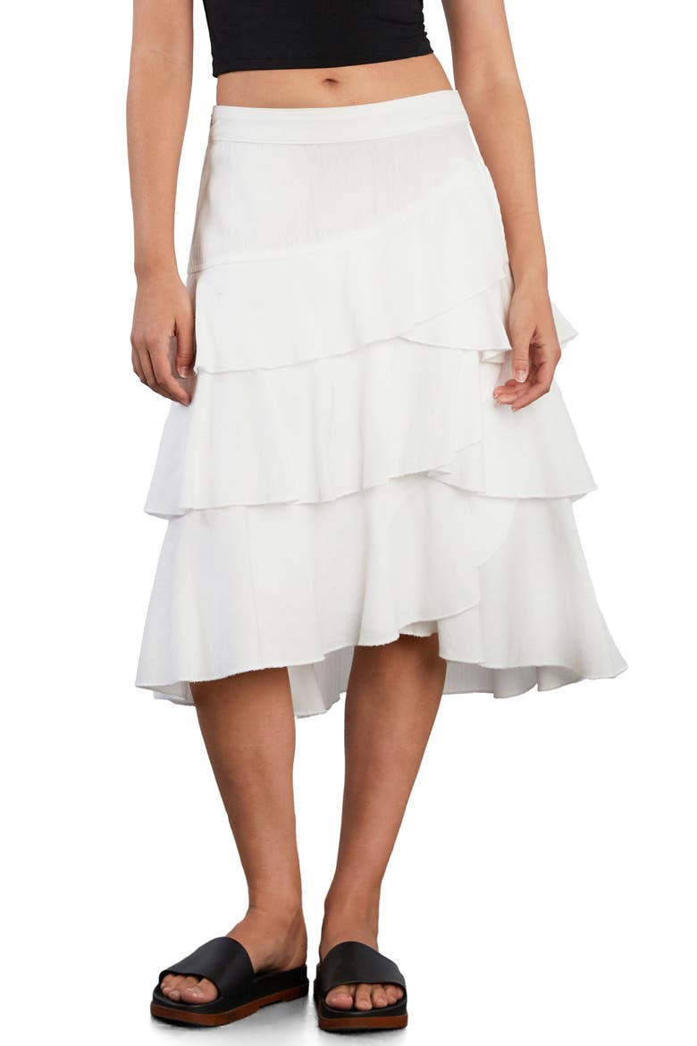 Petal Tiered Denim Midi Skirt, Main, color, BRIGHT WHITE
