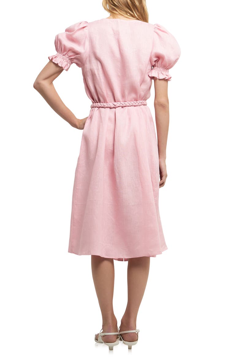 Puff Sleeve Button Front Linen Dress, Alternate, color, PINK