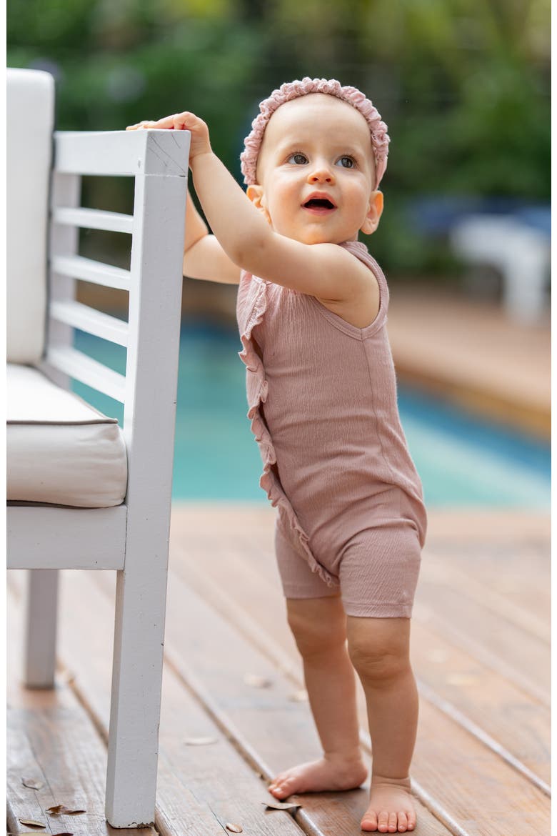 Ruffle Trim Romper, Alternate, color, BROWN