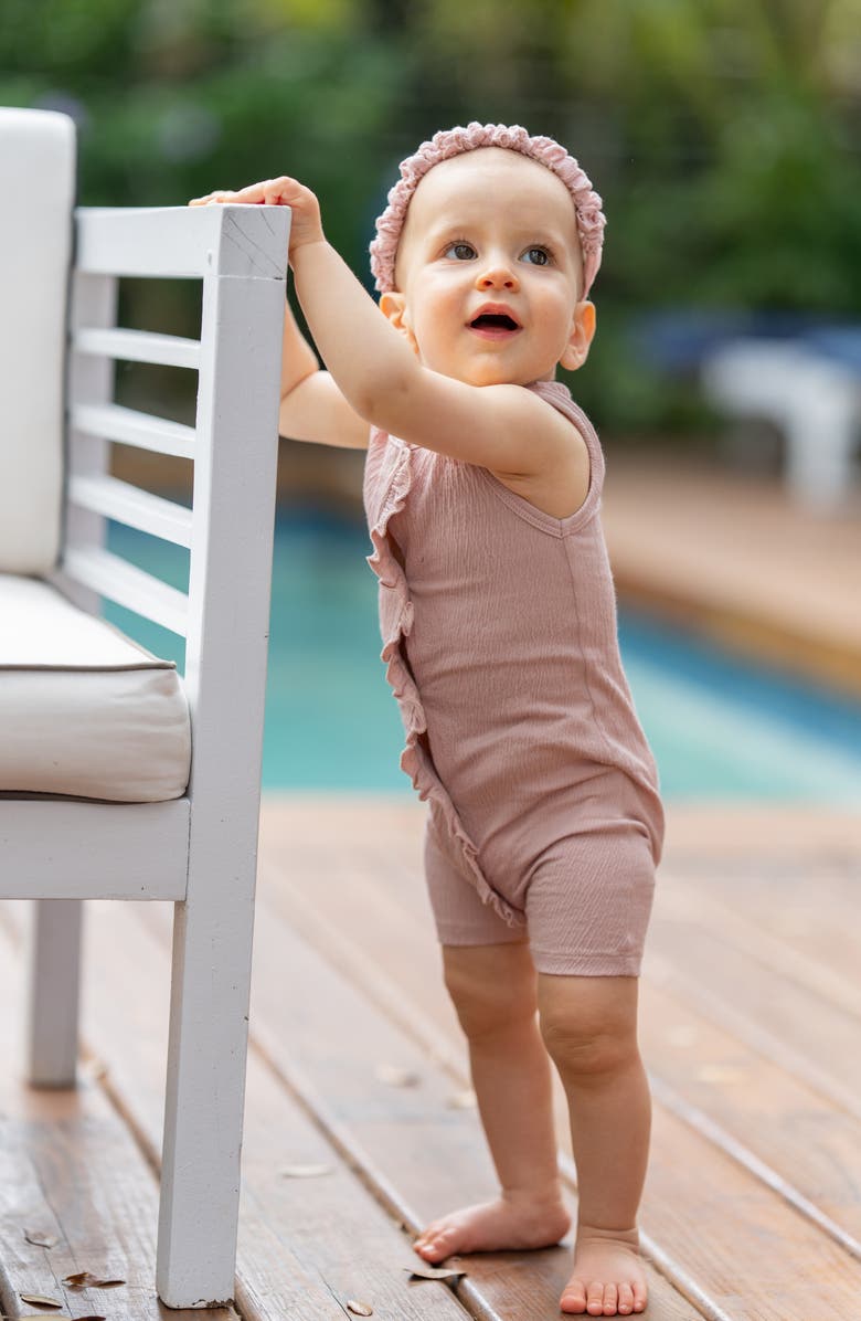 Manière Ruffle Trim Romper, Alternate, color, Brown