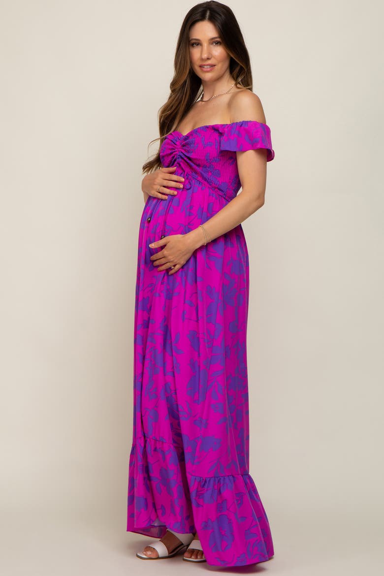 Floral Smocked Cinched Top Maxi Dress, Alternate, color, Magenta