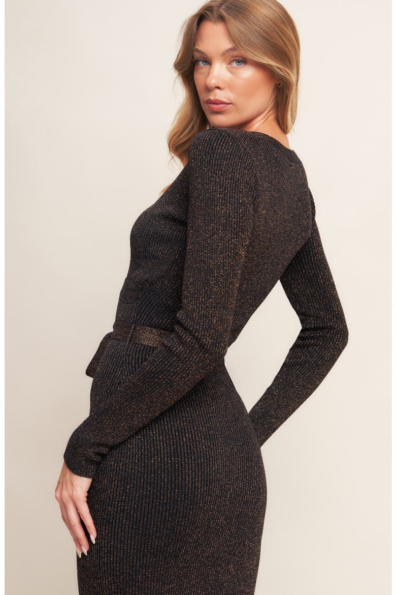 Long Sleeve Metallic Rib Midi Dress, Alternate, color, BLACK BRONZE