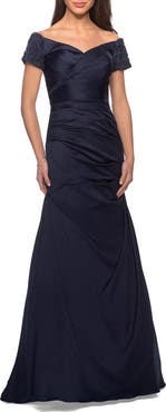 La Femme Off the Shoulder Beaded Satin Trumpet Gown