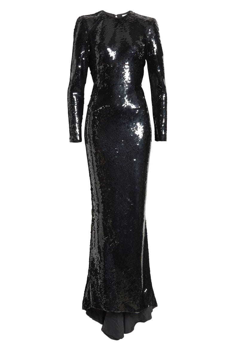 Long Sleeve Sequin Gown, Alternate, color, BLACK