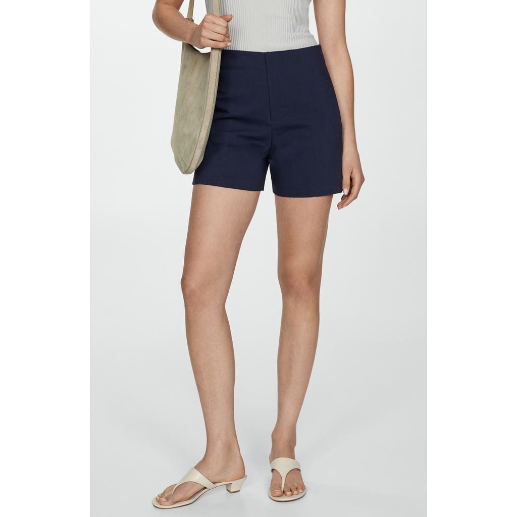 MANGO Seamed High Waist Straight Leg Twill Shorts in Navy