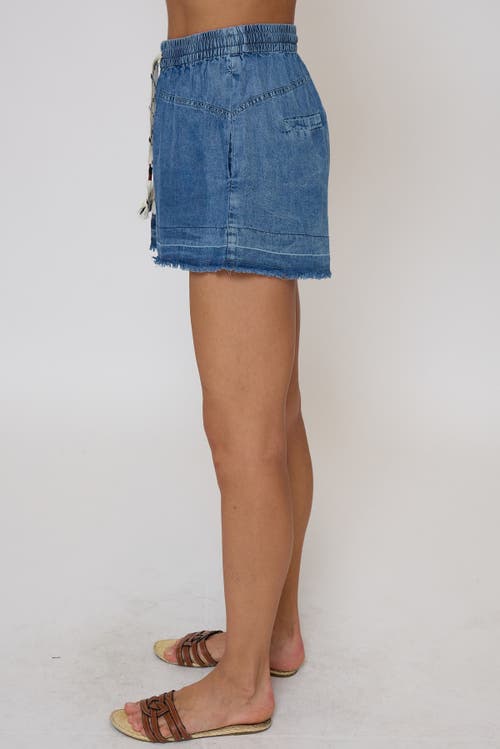 Central Park West Celine Mid Rise Drawstring Shorts In Blue