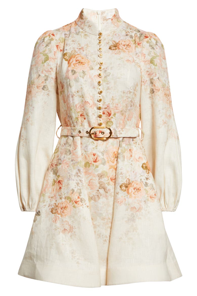 Illustration Floral Long Sleeve Belted Linen Minidress, Alternate, color, CREAM ROCOCO FLORAL