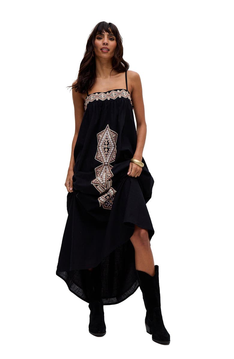 Raffya Sapphire Spaghetti Strap Embroidered Maxi Dress, Alternate, color, Black