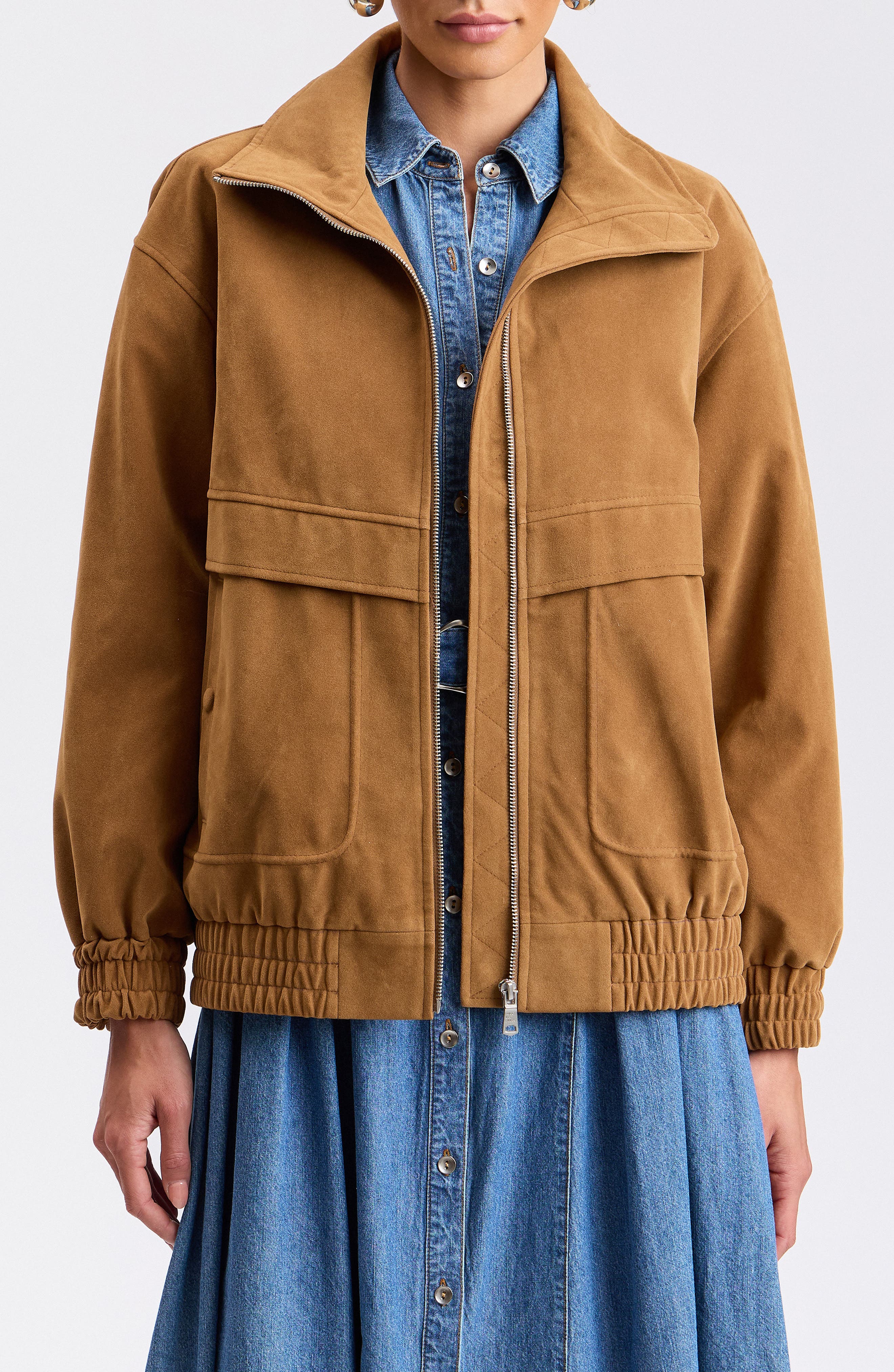 Oversized Faux Suede Bomber Jacket