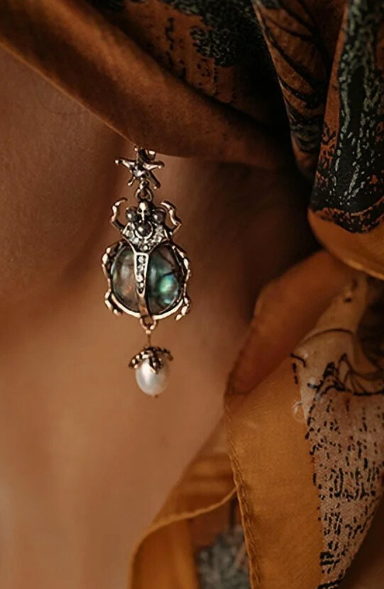 Humanist Beauty Vintage Scarab Pearl Earrings, Alternate, color, Antique Gold / Iridescent