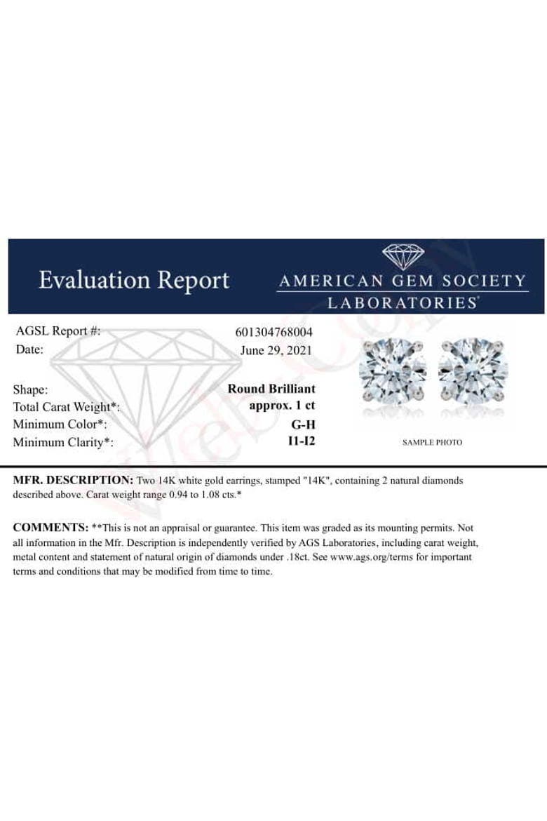 Certified 14K White Gold 1.0 Cttw Solitaire Diamond Stud Earrings, Alternate, color, White