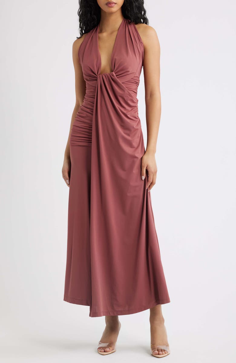 Bardot Ines Plunging Halter Neck Maxi Dress, Main, color, Soft Rust