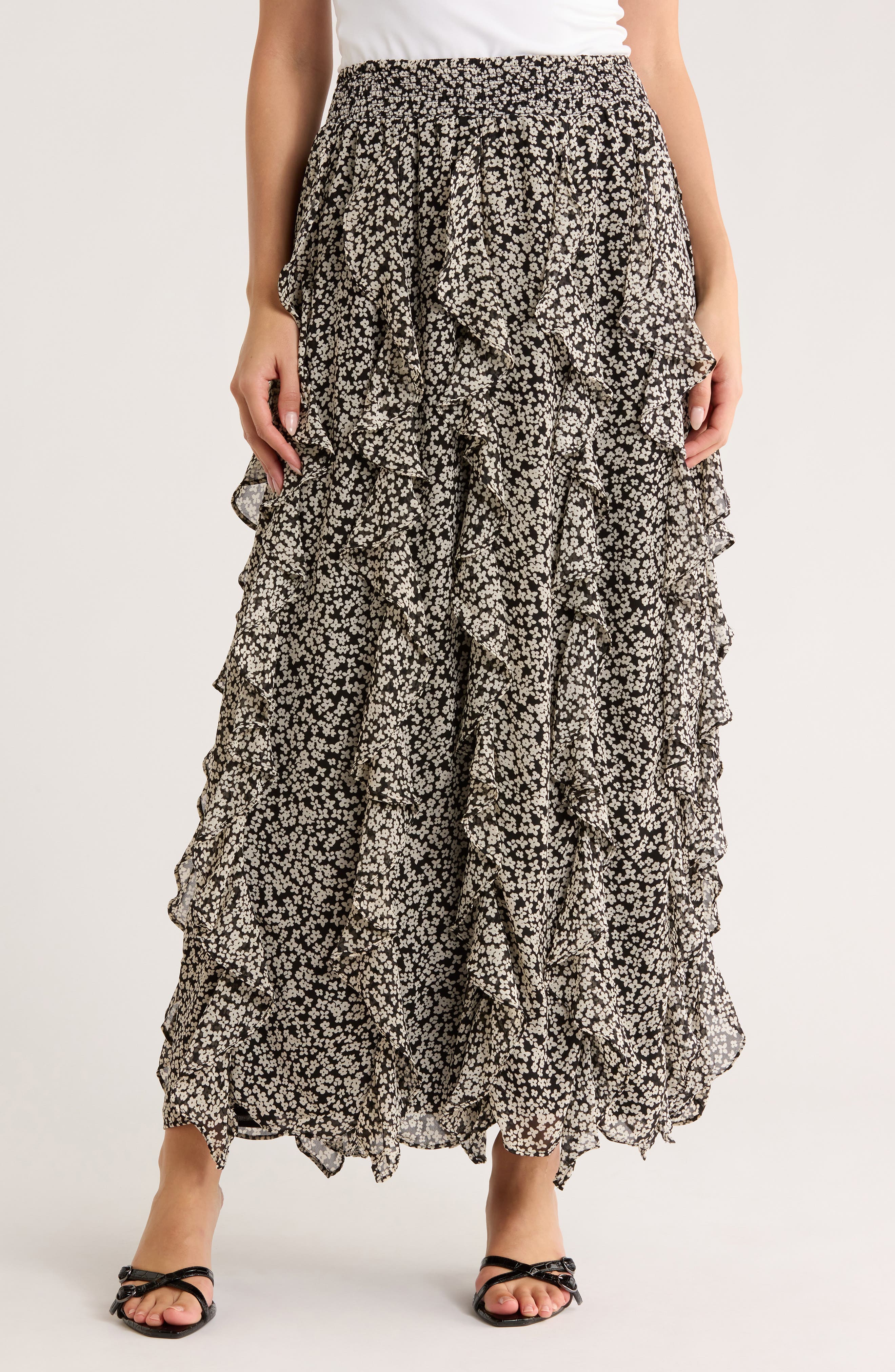 1.STATE Corkscrew Floral Ruffle Maxi Skirt