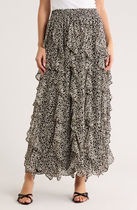 Corkscrew Floral Ruffle Maxi Skirt