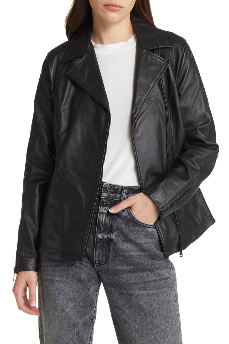 Long Leather Moto Jacket, Main, color, BLACK