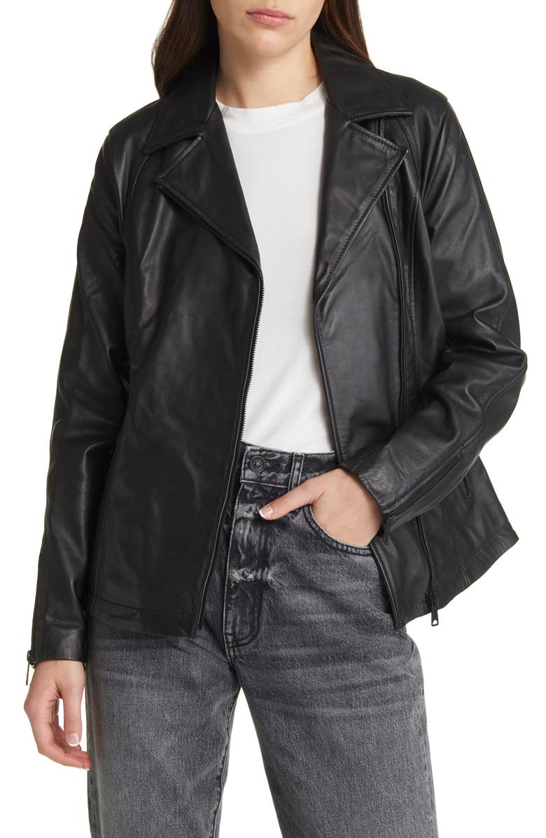 Schott NYC Long Leather Moto Jacket, Main, color, Black