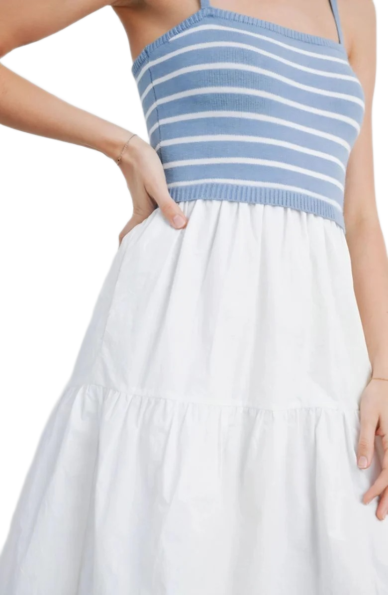 Knit and Lounge Striped Knit Bodice Tiered Midi Dress with Spaghetti Straps, Alternate, color, 