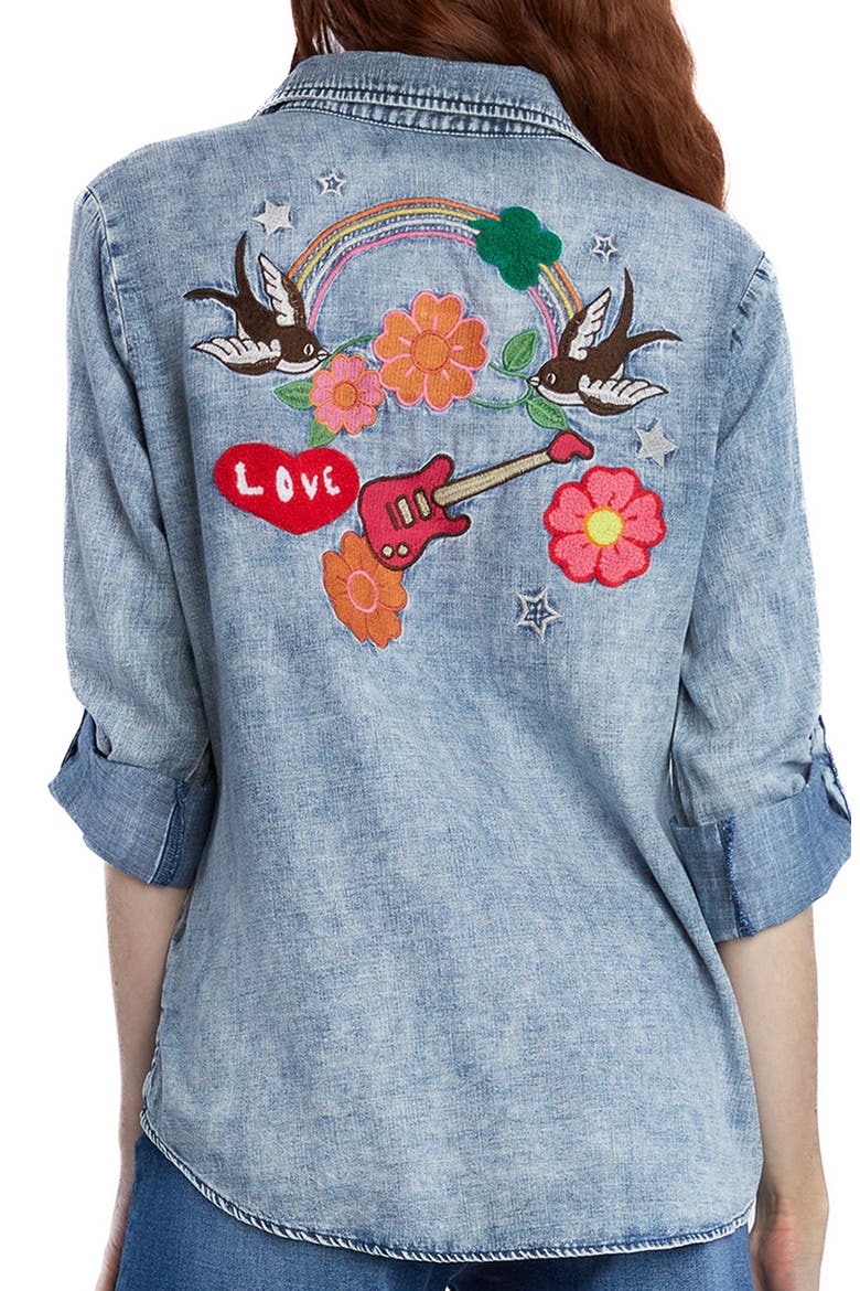 Birds of a Feather Embroidered Denim Button-Up Shirt, Alternate, color, DENIM