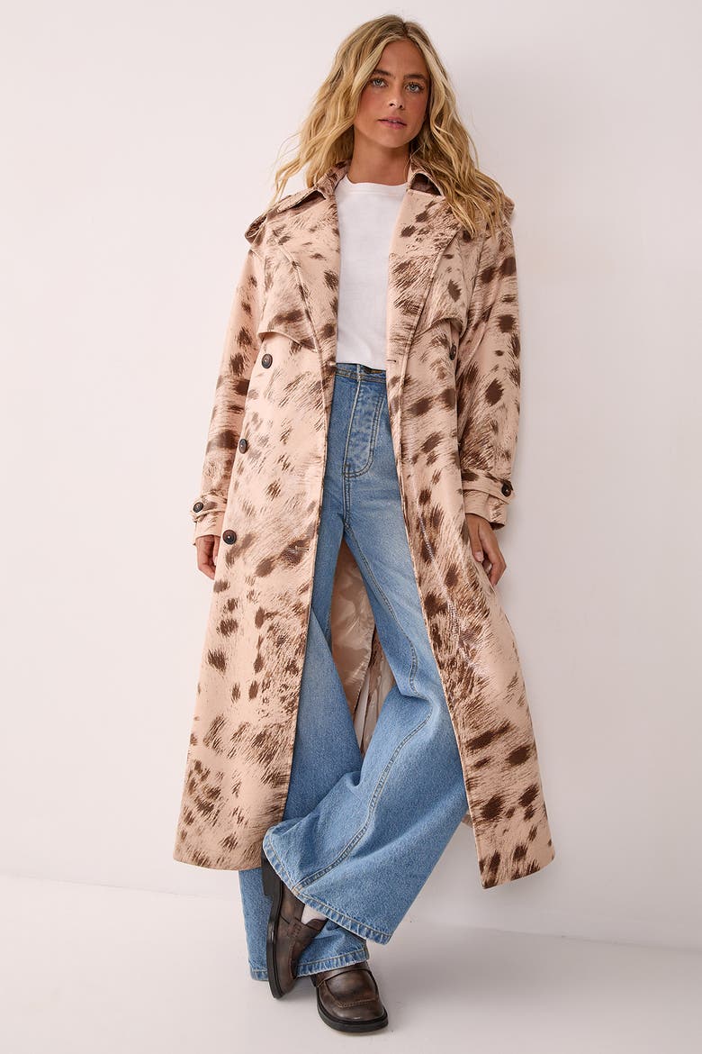 Cow Print Faux Leather Trench Coat, Main, color, Cream
