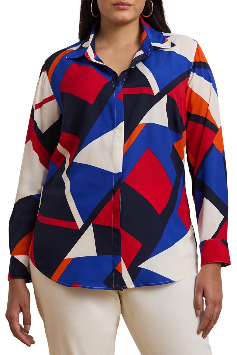Print Crêpe de Chine Button-Up Shirt, Main, color, BLUE MULTI
