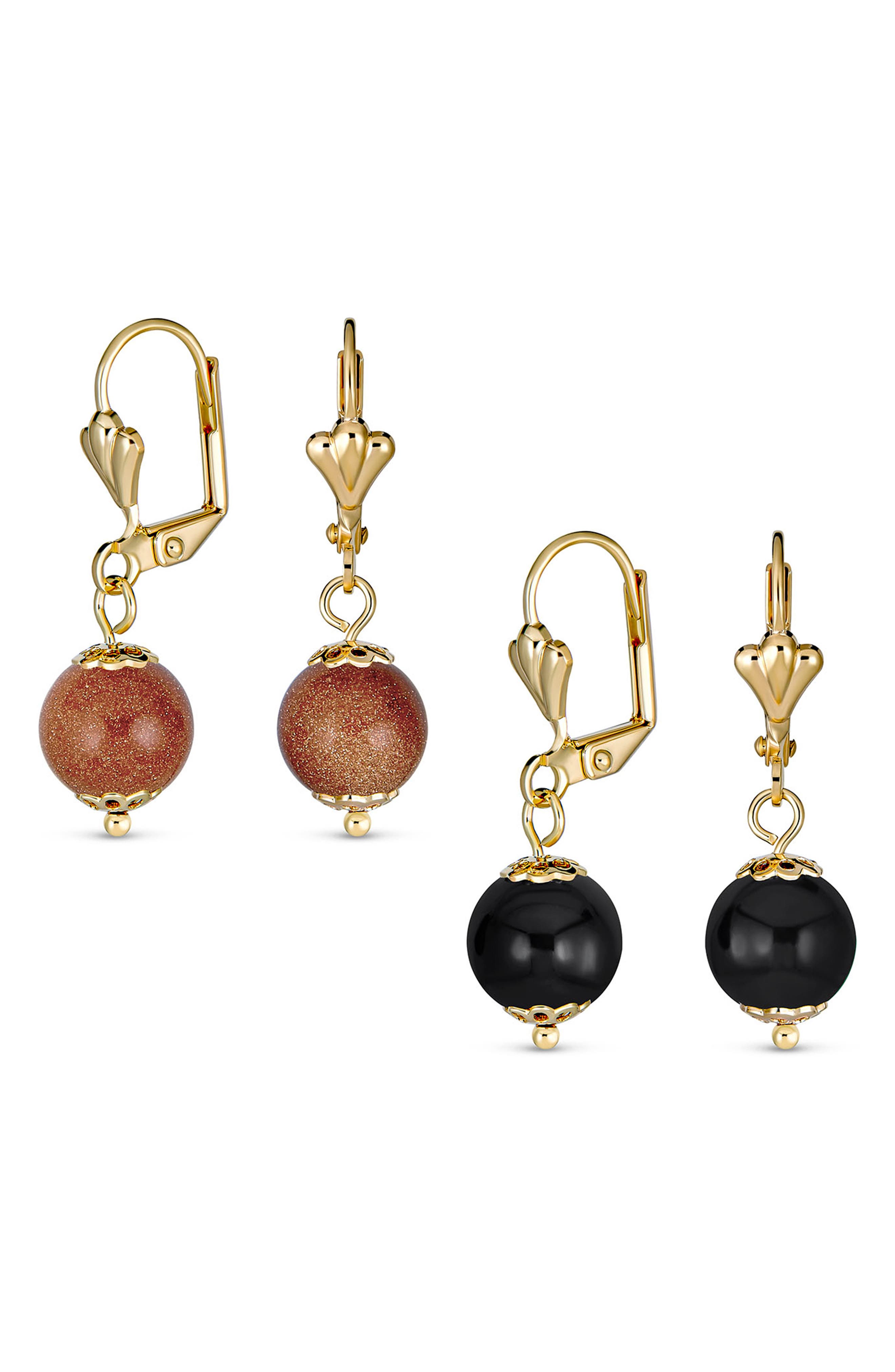 BLING JEWELRY Set of 2 Assorted Classic Round Stone Drop Earrings