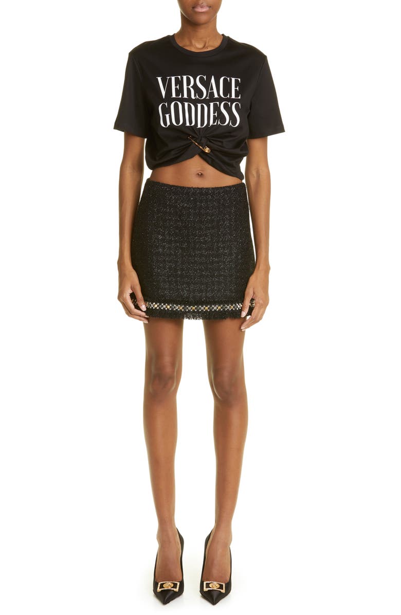 Versace Metallic Check Wool Blend Miniskirt, Alternate, color, 