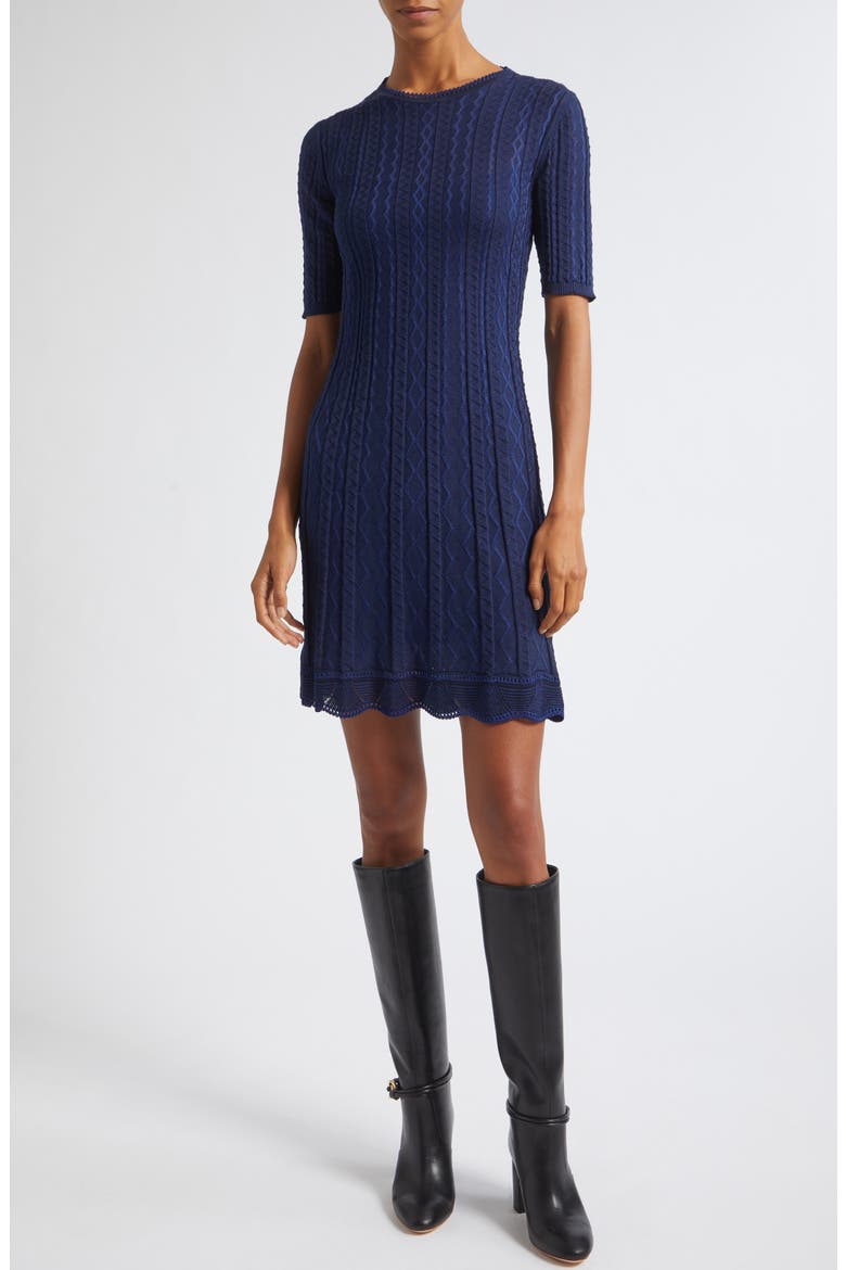 Tonal Zigzag Short Sleeve Pleated Sweater Dress, Main, color, S72OS BLUE