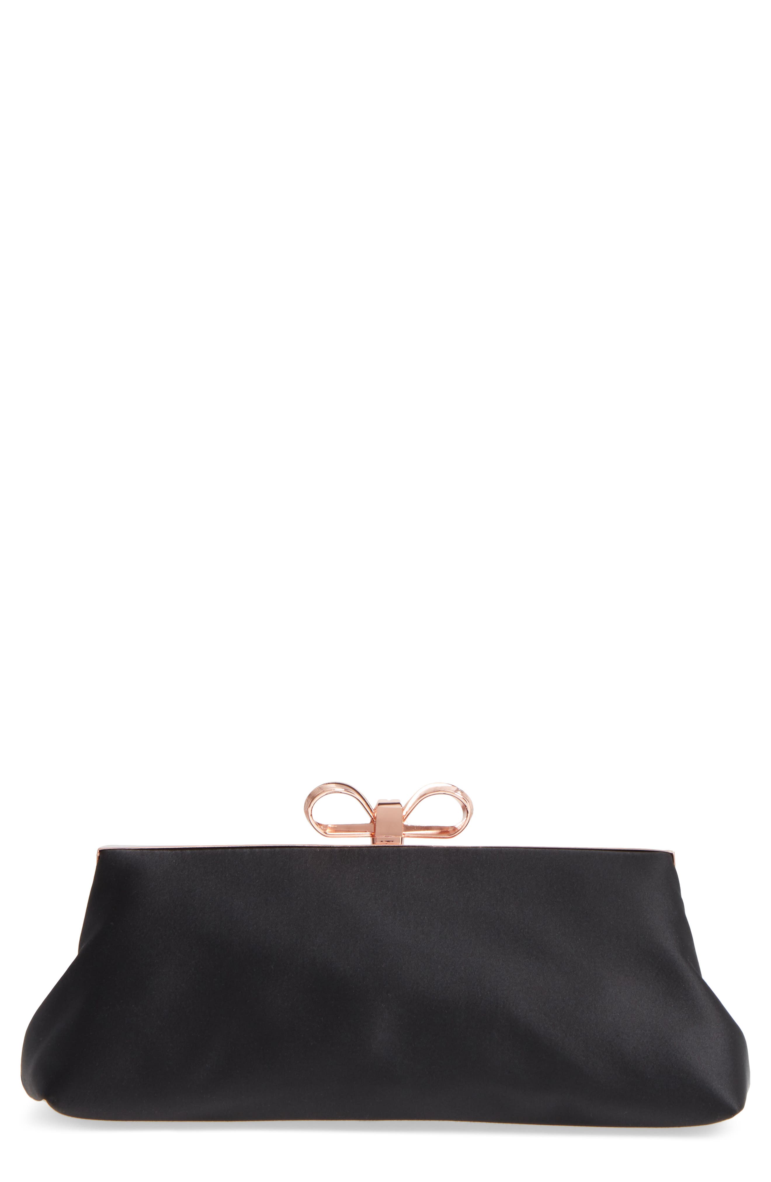 Small Coletta Bow Satin Clutch, Main, color, BLACK