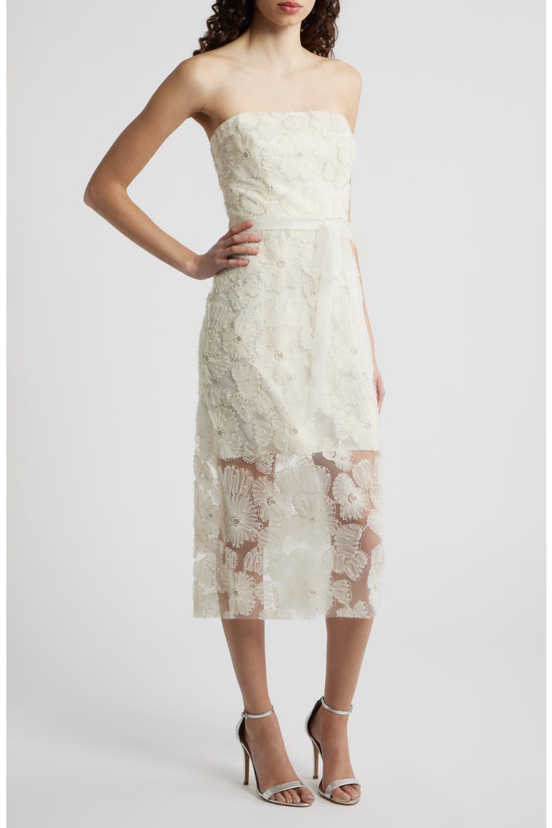 Beaded Floral Appliqué Strapless Dress, Main, color, IVORY