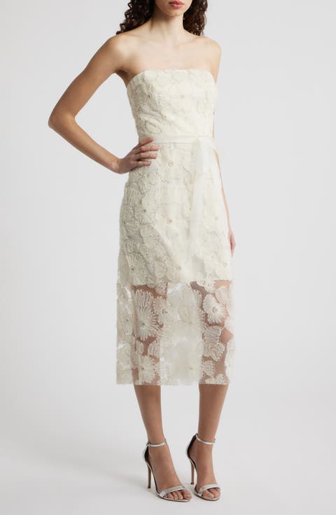 Beaded Floral Appliqué Strapless Dress