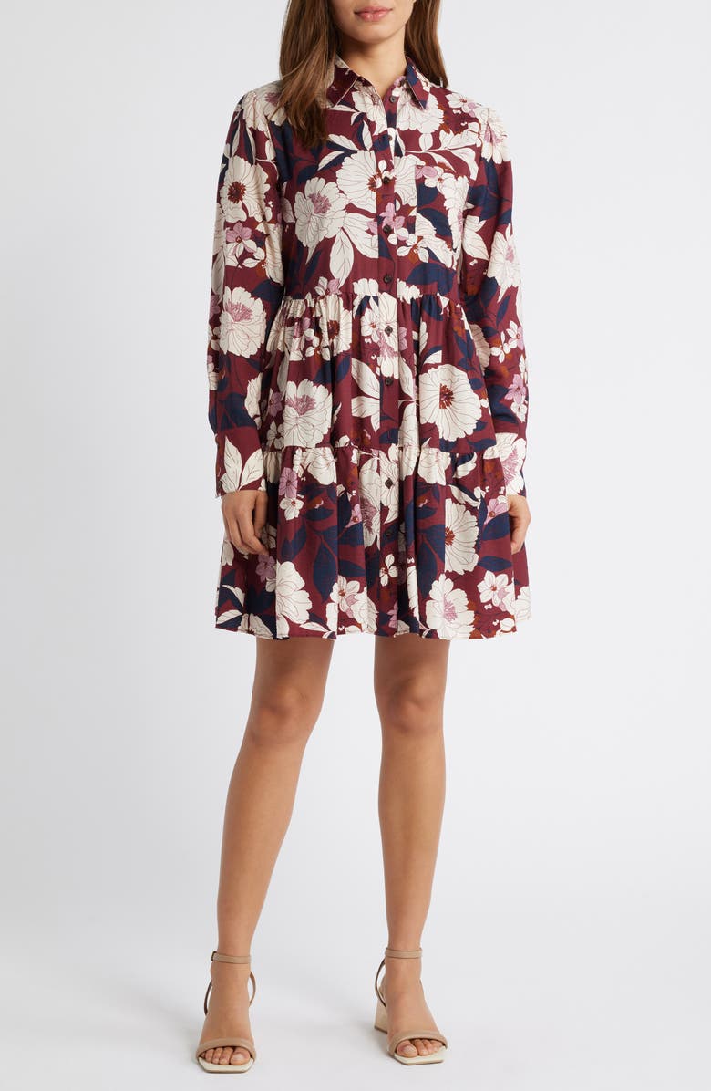 Floral Print Long Sleeve Tiered Shirtdress