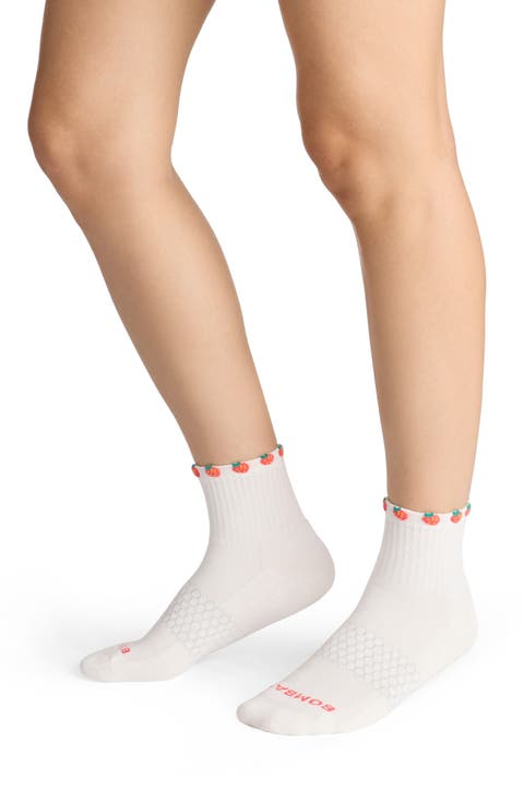 3-D Strawberry Trim Cushioned Cotton Blend Quarter Socks